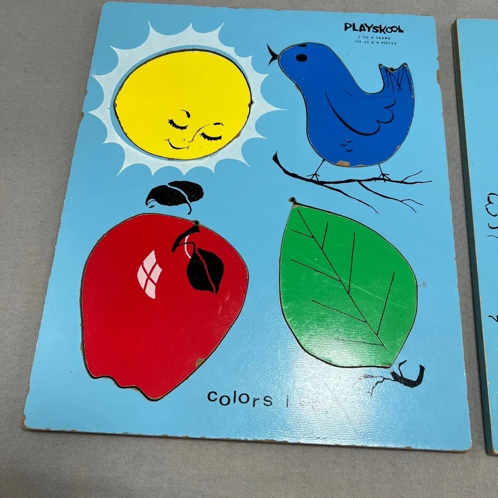 VTG Playskool Wooden Inlay Puzzles Set Nutty Squirrel Colors I See  70s Nursery